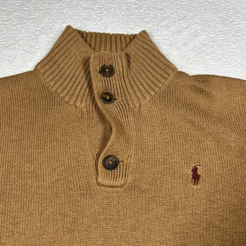 Polo Ralph Lauren Button Mock Neck Sweater Mens S Tan Brown Cotton Pullover Logo